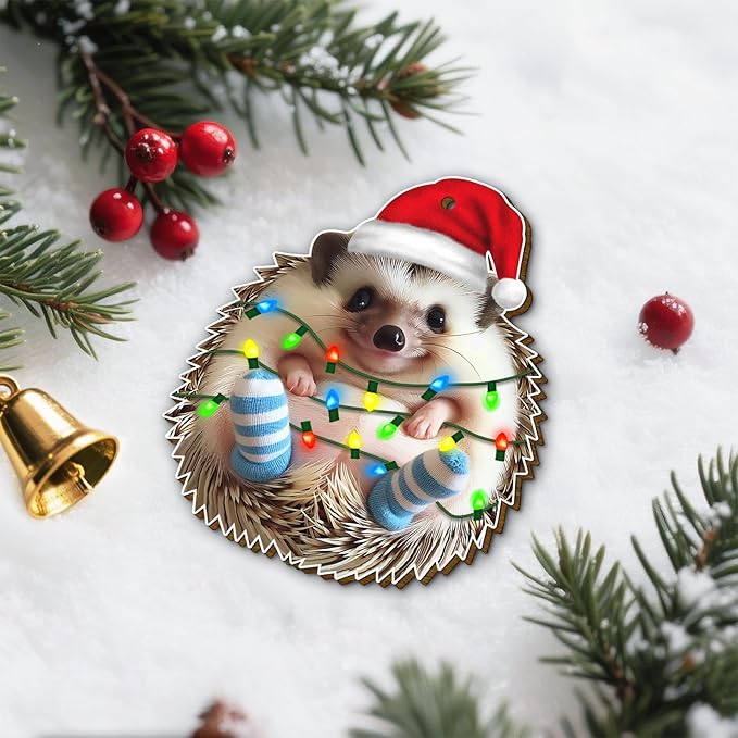 Christmas Hedgehog Ornament, 2-Side Printed Wooden Hanging Decoration for Tree, Xmas Gift for Hedgehog Lovers