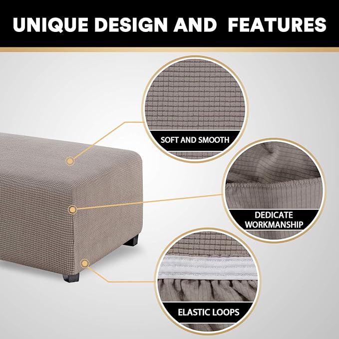 Stretch Ottoman Cover Ottoman Slipcovers Rectangle for Living Room Foot Stool Stretch Covers to Fit Ottoman Foot Rest, Thick Checked Jacquard Fabric with Elastic Bottom (Standard Size, Taupe)