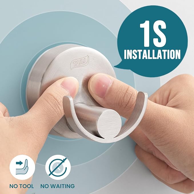 TAILI 304 Stainless Steel Bathroom Suction Hooks for Towel, Bathrobe, Loofah, Patented Strong Suction Cup Holder, No Damage Hanging Glass Shower Wall Hook, Double-Hook Sleek Design, 2 Pack, Silver