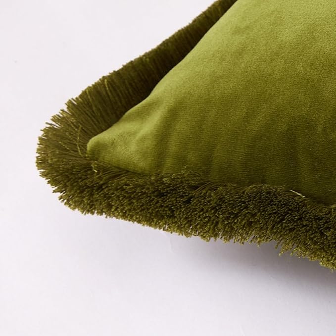 JUSPURBET Olive Green Decorative Velvet Fringe Throw Pillow Covers 18x18 Set of 2 Boho Soft Cushion Case for Home Decor Living Room Couch Sofa Bed