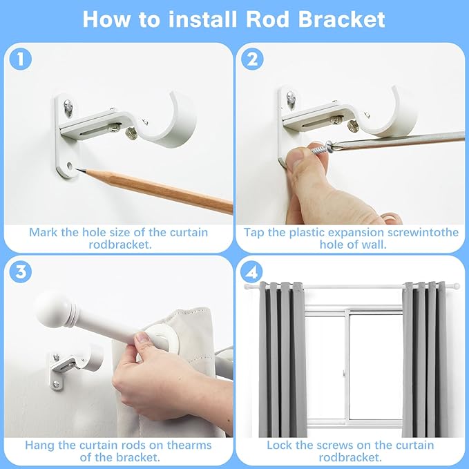 Curtain Rods for Windows 16 to 76 Inches, Curtain Rod Max Adjustable Length of 88 IN, 1" Diameter Drapery Rods Round Finials, White, Pack of 2