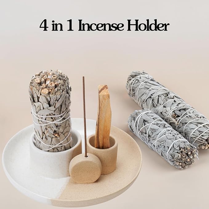 4 in 1 Incense Holder, Ceramic Incense Stick and Palo Santo Holder,Sage Holder for Burning- 5.5" Ceramic Ash Catcher Tray for Meditation and Yoga Room (Sun White Sand)