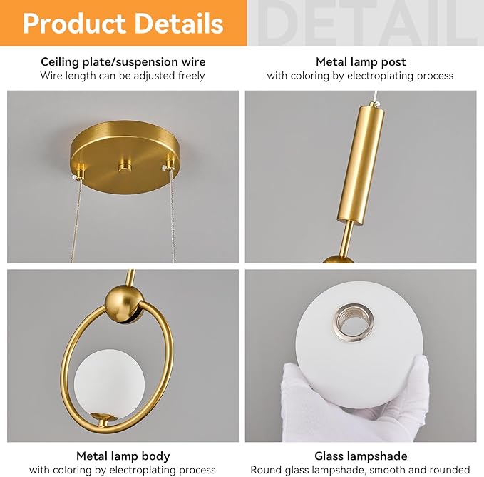 Modern Globe Glass Pendant Light fixtures 2-Light, Simplicity Gold Pendant Lighting, Mid Century Chandelier for Kitchen Island Dining Room Bedroom Entryway Hallway