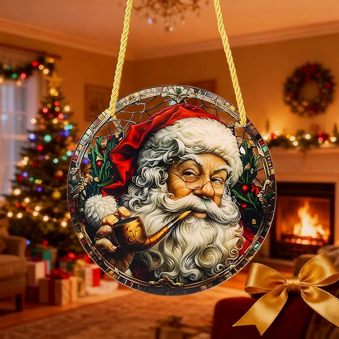 Christmas Santa Gingerbread Man Acrylic Disc Ornament for Tree, Wall, Window, Holiday Home Party Decoration (B)