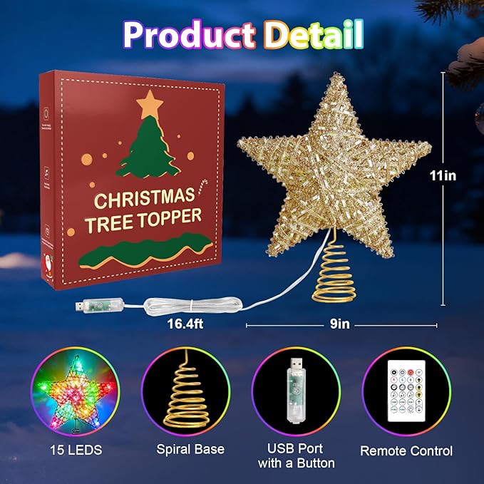 Christmas Tree Star Topper, LED Tree Decorations, UL Certified Colorful Star Tree Topper Lights for Home Garden USB Plug in Xmas Tree New Year Holiday, APP and Remote Control, DIY Dimmer(Gold)