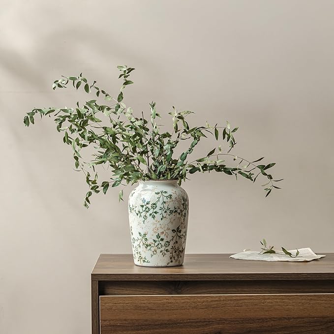 Vintage Pastoral Green and Beige Vase, Round Ceramic Floral Vases, Retro Ice Cracked Chinoiserie Vase for Home Decor, Living Room, Bookshelf, Office, Rustic Table Centerpiece 7.8 Inch