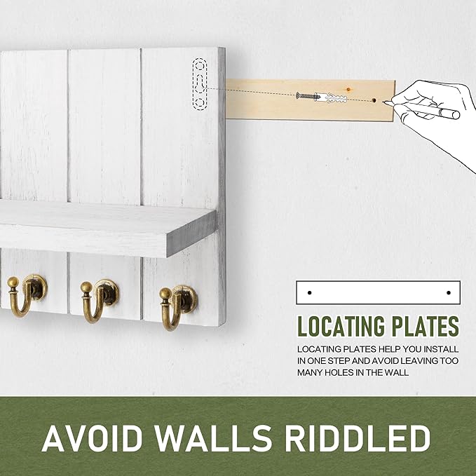 Rebee Vision Decorative Key and Mail Holder for Wall - Farmhouse 15 Inches Floating Shelf with 7 Sturdy Key Hooks for Home Entryway Wall Decor - Rustic Key Racks (White,15-inch)