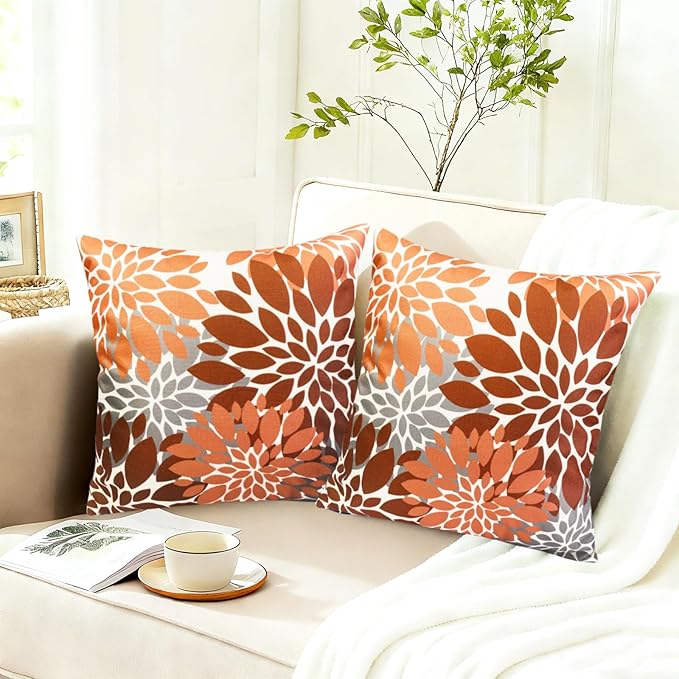 Decorative Throw Pillow Covers Set of 2 Brown Coffee Pillow Covers 22x22 Inch Couch Pillow Covers for Sofa Living Room Outdoor Throw Pillow Cover Linen Floral Flower Farmhouse Pillowcase