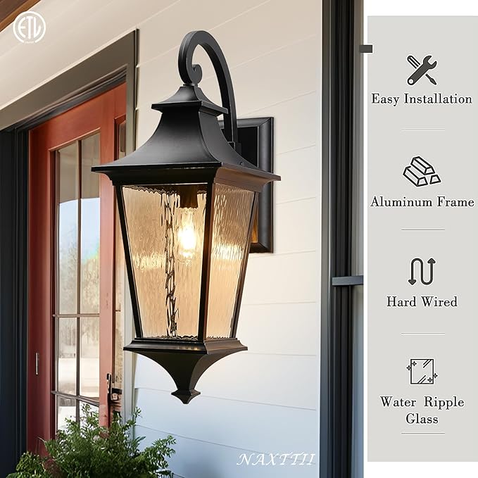 Black Outdoor Wall Light Fixtures 29.3 Inch Large Aluminum Outside Wall Lantern with Water Ripple Glass Waterproof Wall Sconce Porch Lights for Patio Doorway E26 Socket
