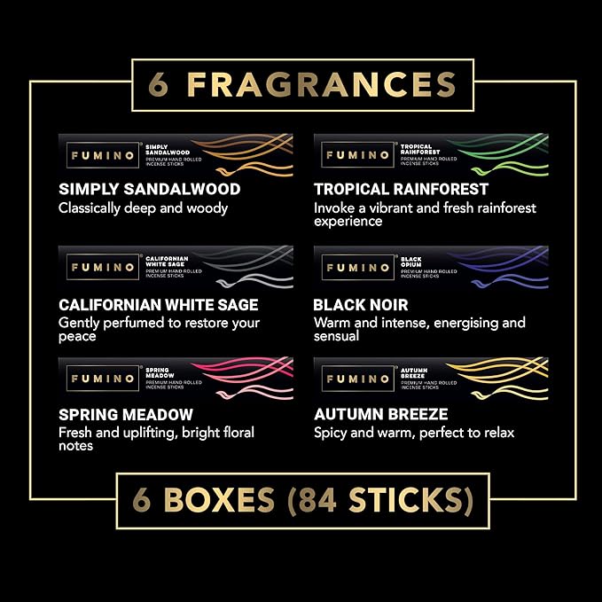 Incense Sticks Fumino Fresh Handmade Multipack Essentials Bundle 6 Boxes 84 Pieces (3oz) Masala Agarbatti Joss Scent Fragrance for Relaxation and Meditation, Home and House Decor