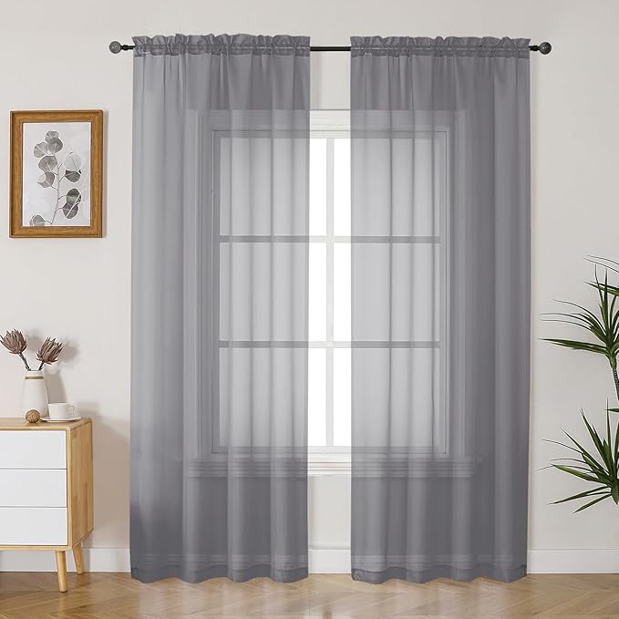 Gwine Charcoal Grey Sheer Curtains 90 Inches Long 2 Panels Set, Light Filtering Solid Filmy Drapes for Living Room Bedroom, Elegant Soft Rod Pocket Voile Sheer Window Curtains, 42Wx90L Inch, 2PCS
