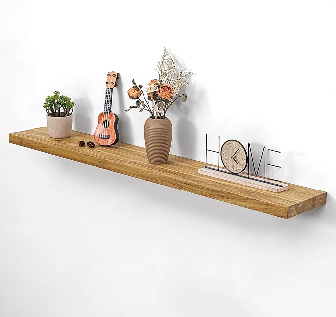 Rustic Wood Floating Shelves for Wall Decor, Elm Wood Shelves 48 Inch Long, 8 Inch Deep Floating Shelf with for Living Room Bathroom Bedroom Kitchen, 48 x 8 Wall Shelves Set of 1, Natural Color