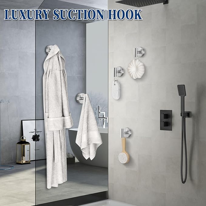 Heavy Duty Reusable Suction Cup Hooks for Shower - No Drill Bathroom/Glass/Mirror/Tiles & Metal Surfaces,and Smooth Non-Porous Surfaces for Towels, Robes, Loofahs (4, Brushed Nickel)