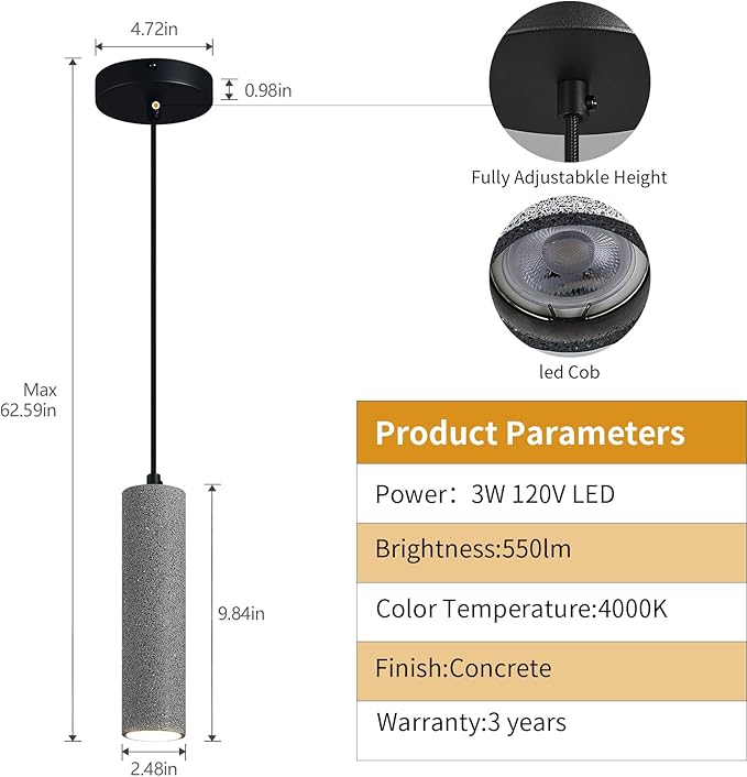 Modern Black LED Concrete Pendant Light Kitchen Islandceiling Light Fixture Pendant Lighting for Dining Room Coffee Club Resturant Bar Living Room(2-Pack)