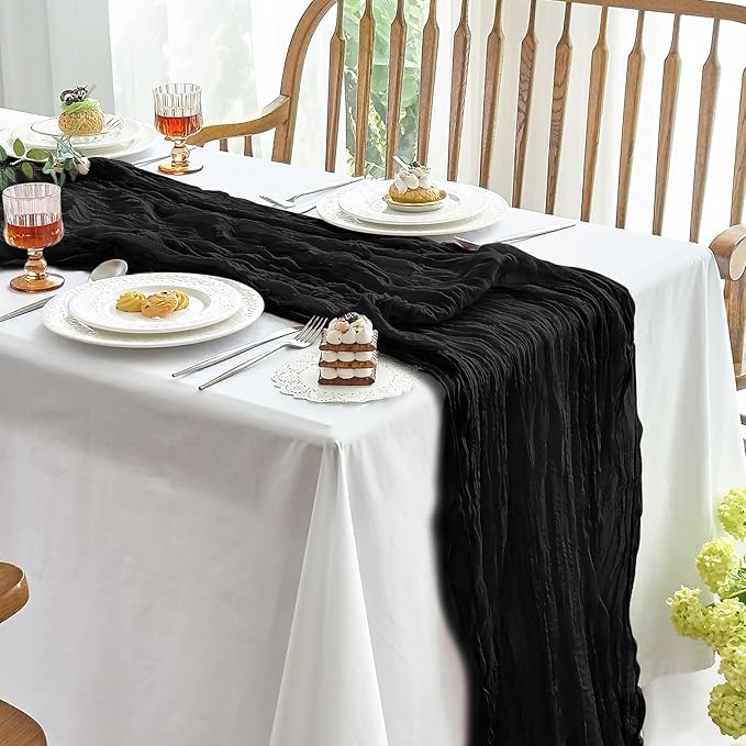 IVAPUPU 10 Pcs Cheesecloth Halloween Table Runner - 10ft Black Boho Gauze Black Cheese Cloth Table Runners for Halloween Decor Indoor Baby Shower Decoration Wedding Party Summer Garden Farmhouse