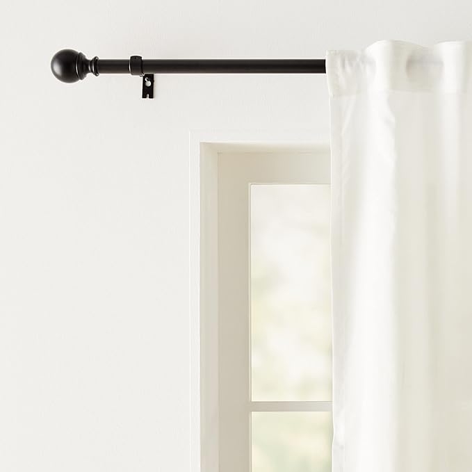 Amazon Basics Adjustable Curtain Rods for Windows, Round Finials, 1-Inch Rod, 36" to 72", Black, Pack of 2