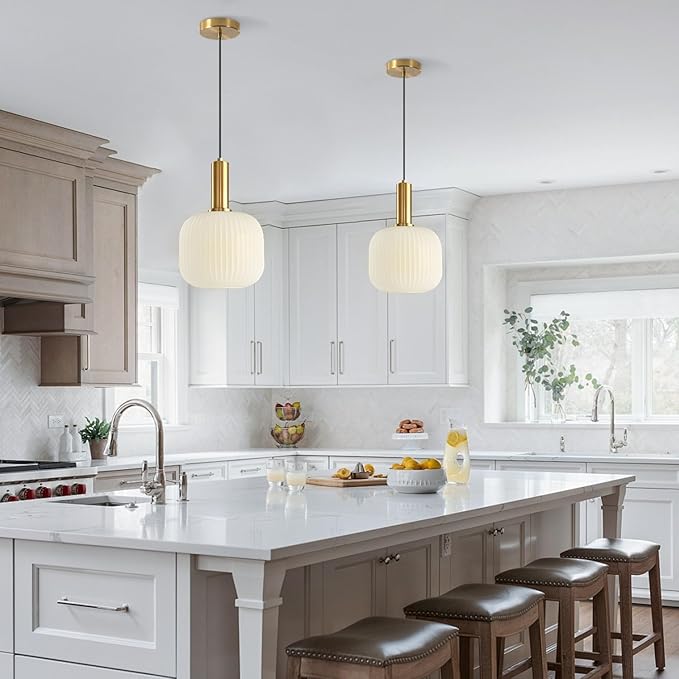 KCO Lighting Milk Glass Pendant Light White Ribbed Glass Pendant Lighting Antique Brass Pendant Lights Small White and Gold Pendant Light Fixture Modern Globe Hanging Lamp