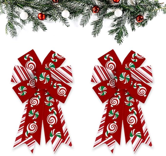 ABTOLS 2PCS Christmas Wreath Bows, Red Pink White Stripe Bows for Wreath Xmas Candy Decor Bow for Front Door Green Tree Topper Bows for Winter New Year Wall Ornaments Home Indoor Outdoor Decor