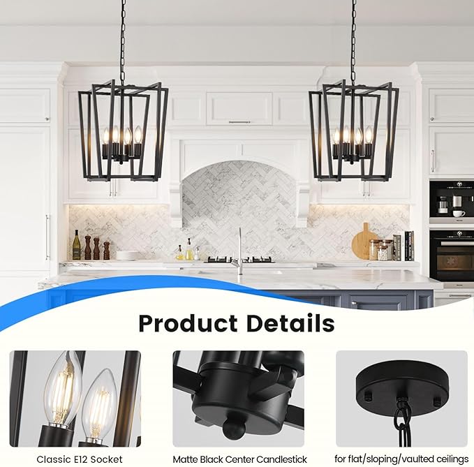 WJShome 4-Light Black Chandelier: A Must-Have Farmhouse Dining Room Light Fixture! Enjoy Modern Ceiling Lantern Pendant Style with Adjustable Height for Kitchen Island & Entryway