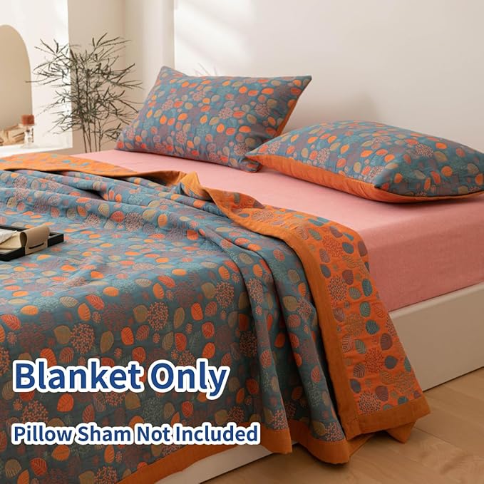 100% Cotton Jacquard Quilt Rustic Floral Leaves Print,Soft Muslin Bed Cover 3 Layers Reversible Bedspread Coverlet Breathable Lightweight Bedding,Full/Queen(78"x94"), No Pillow Sham