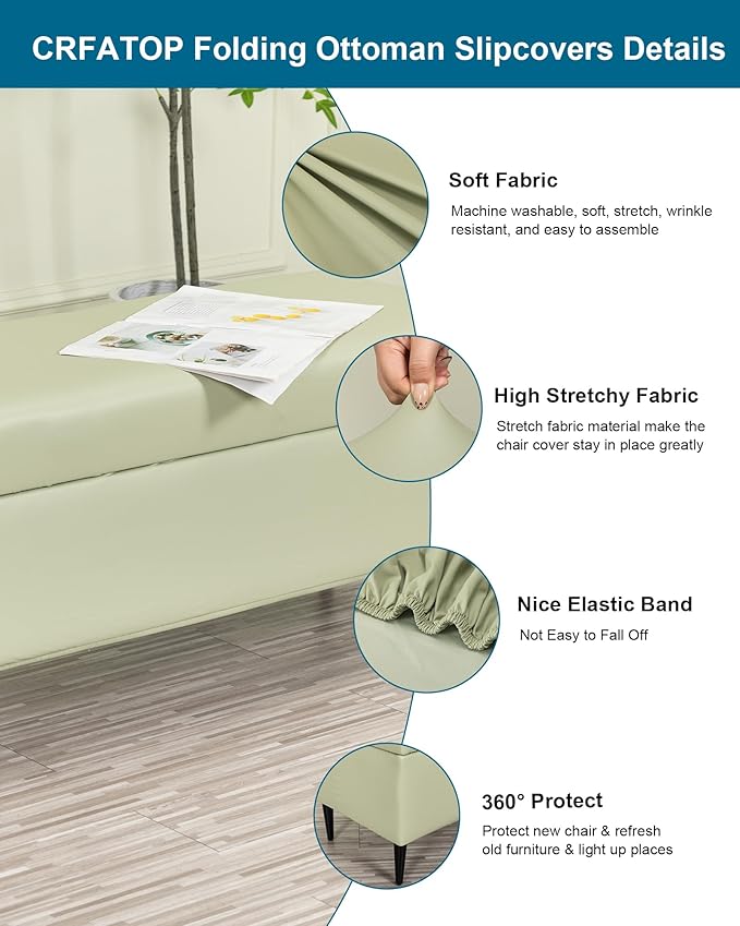 CRFATOP Waterproof PU Ottoman Stool Cover Stretch Folding Storage Footstool Bench Slipcovers Upholstered Foot Chest Chair Covers Washable Entryway Furniture Protector with Elastic Bands,M,Green