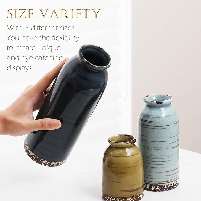 Ceramic Vase Set of 3 - Handcrafted Ceramic Vases for Home Decor & Shelf - Modern Farmhouse Decor for Kitchen, Office, Bedroom & Living Room Decorative Objects for Mantel, Table Centerpieces