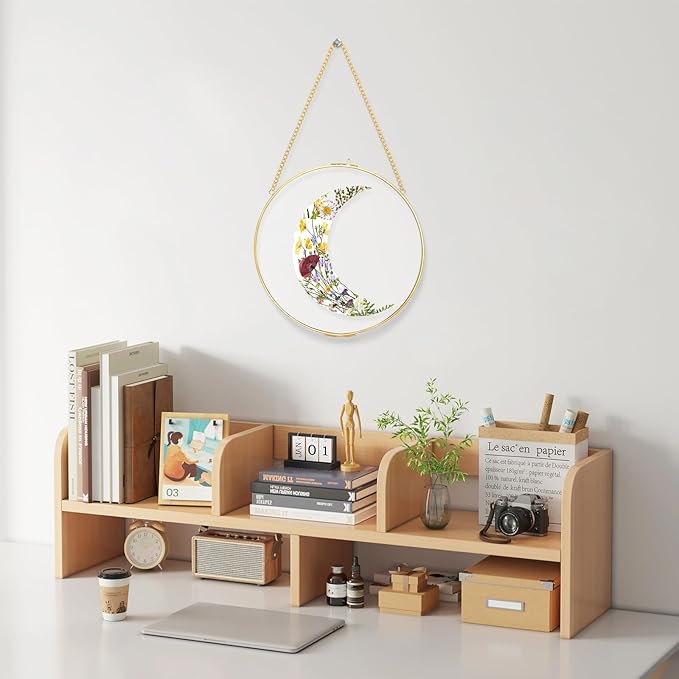 FOCHIER F Pressed Flower Frames with Tweezers, Wall Hanging Tabletop Display Double Glass Round Frames with Metal Chain for Pressed Dried Flowers Plants, Horizontal and Vertical Picture Frame, Golden
