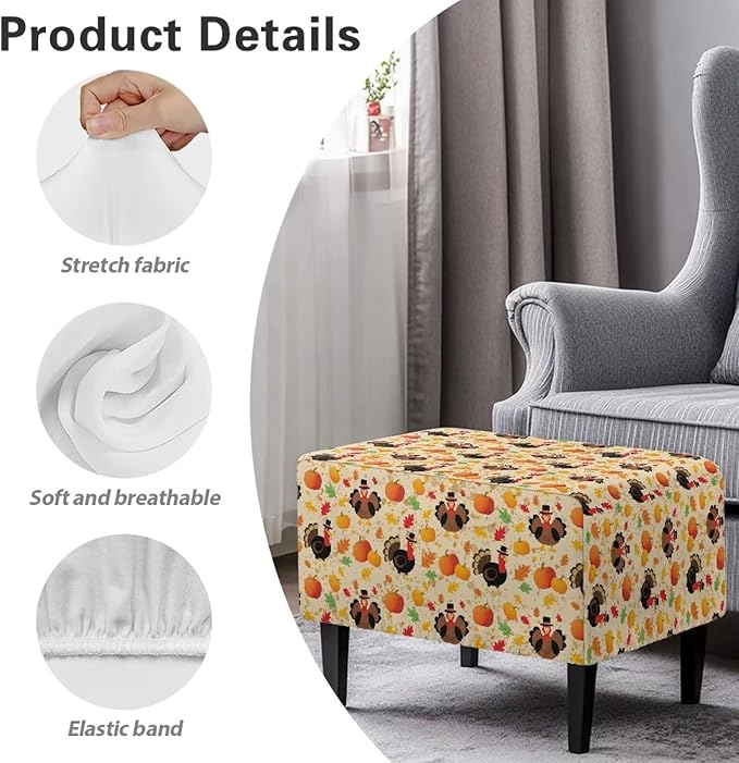 Thanksgiving Turkey Ottoman Cover - Non-Slip Elastic Rectangular Slipcover, Easy Care Furniture Protector for Holiday Gatherings, 30x24x15 Inch