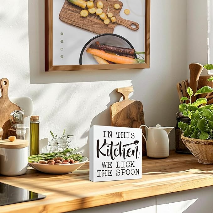 Farmhouse Kitchen Decor, In This Kitchen We Lick the Spoon Sign, Decorative Signs and Plaques, White Wooden Box Sign, Farmhouse Home Decor, Desk Decors Art, Housewarming Gift