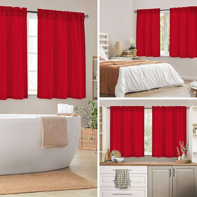 HOMEIDEAS Christmas Non-See-Through Red Privacy Semi Sheer Curtains 45 Inches Long 2 Panels Set Light Filtering Curtains for Living Room Bedroom Drapes,W52xL45