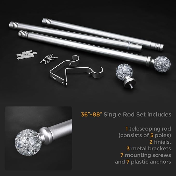 Silver Curtain Rods for Windows 48 to 84 Inch, 1'' Heavy Duty Adjustable Drapery Rod with Unique Crystal Ball Finials, Modern Decorative Curtain Rod,Size; 30-88''