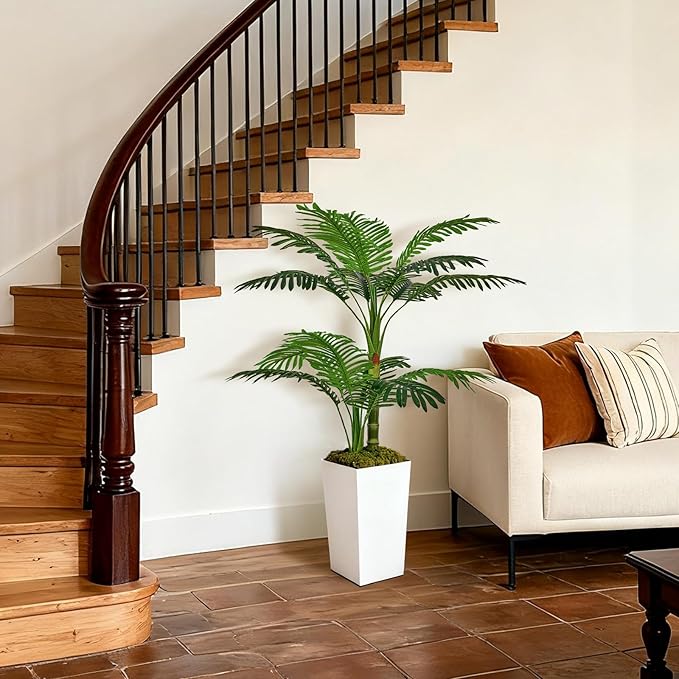 Artificial Palm Tree 5FT - Fake Tree with Tall Planter and Fairy Lights, Large Tropical Palm Faux Tree, Fake Plants for Indoor Outdoor Living Room Outside Patio Office Home Decor