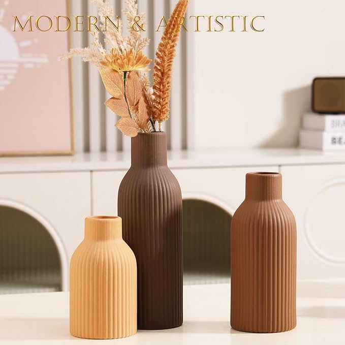 Ceramic Vase Set of 3 - Handcrafted Ceramic Vases for Home Decor & Shelf - Modern Farmhouse Decor for Kitchen, Office, Bedroom & Living Room Decorative Objects for Mantel, Table Centerpieces