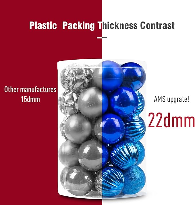 AMS 2.36''/60mm 34ct Christmas Ball Large Ornaments Party Decorations Shatterproof Festival Pendant Hangings for Xmas Tree Decor (60mm, Blue)