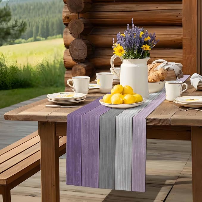 Farmhouse Cotton Linen Table Runner Dresser Scarf Retro Rustic Barn Wood Texture Ombre Lavender Purple Gray Non-Slip Rectangle Settings Decoration for Kitchen Home Dining Holiday, 18x72 inch