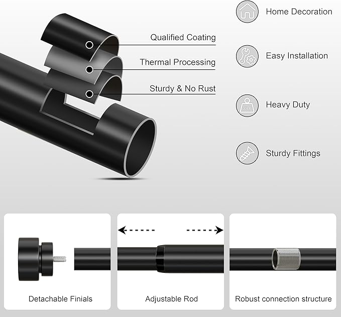 PORTRES Black Heavy Duty Curtain Rods for Windows 28 to 48 Inches Adjustable Length 1" Diameter Curtain Rod with Modern Decorative Finials for Outdoor Farmhouse Bedroom Kitchen Living Room