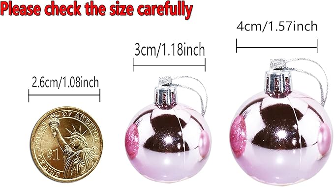 Bestjybt 24pcs 1.18" Small Christmas Ball Ornaments Shatterproof Christmas Decorations Tree Balls for Holiday Wedding Party Decoration, Tree Ornaments Hooks Included (Pink, 3cm/1.18")