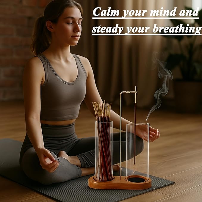 Glass Incense Holder, 2 in 1 Incense Holder for Sticks Incense Burner Holder with Storage & Sticky Pads, Anti-Ash Flying Incense Burne and Organizer Meditation Yoga Spa Room Decor