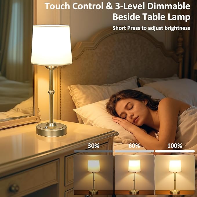 Beside Table Lamp Gold, 6000mAh Battery Powered Table Light, Wireless Nightstand Lamp for Bedroom/Living Room/Restaurant/Counter/Patio/Home Bar