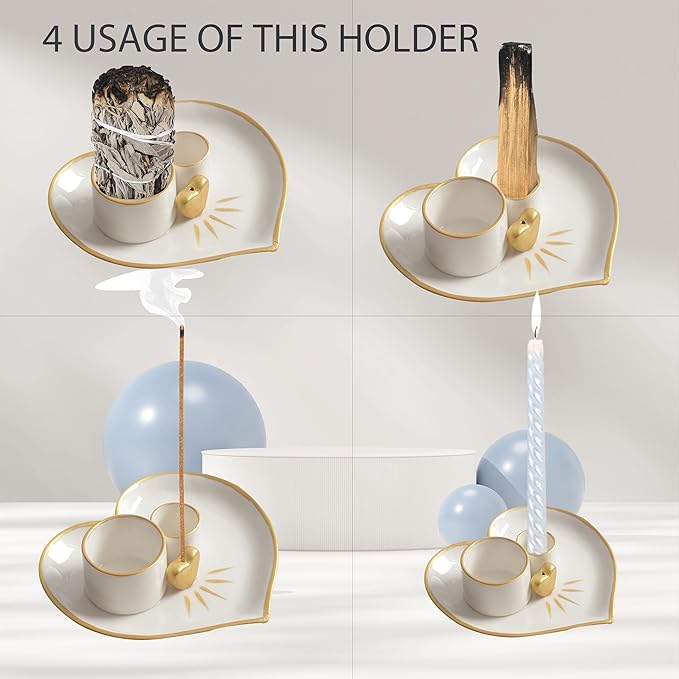 4 in 1 Incense and Candle Holder for Burning Sage, Palo Santo - 5.4" Ceramic Ash Catcher Tray for Meditation Room (Heart-Shaped)