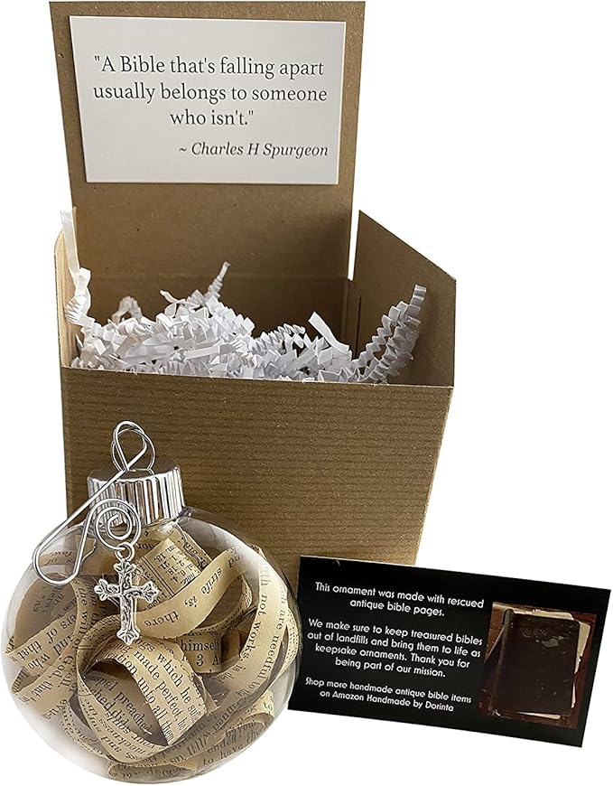 Religious Rescued Antique Bible Pages Verses Strips Hanging Christmas Tree Ornament Beautiful Cross Charm Hanger and Faith Quote Card Shatterproof Round Disc for Best View (Pack of 5)