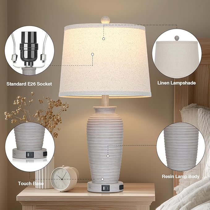 25" Vintage Farmhouse Jar Table Lamps, Single Rustic Bedside Lamp with USB A+C Ports & AC Outlet, Nightstand Lamps for Living Room, Bedroom, End Table, Grey White(LED Bulb Included)