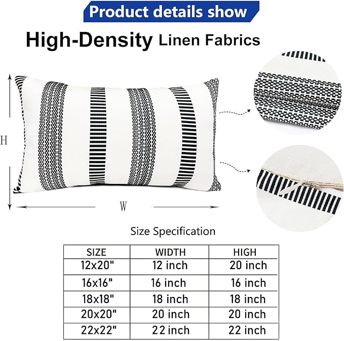 Decorative Throw Pillow Covers Set of 2 Black Boho Striped Pillow Covers 12x20 Inch Throw Pillow Cover Linen Pillowcase Farmhouse Outdoor Pillow Covers for Couch Sofa Bed Living Room