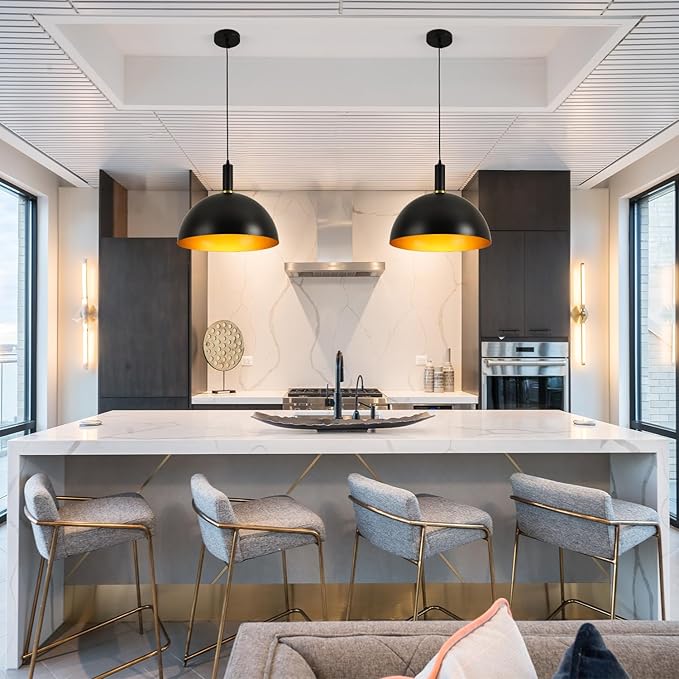 16" Black Pendant Lights Kitchen Island, Black and Gold Dome Pendant Lights, Modern Farmhouse Adjustable Large Industrial Metal Hanging Pendant Lighting for Kitchen Island, Dining Room, Cafe, Bar