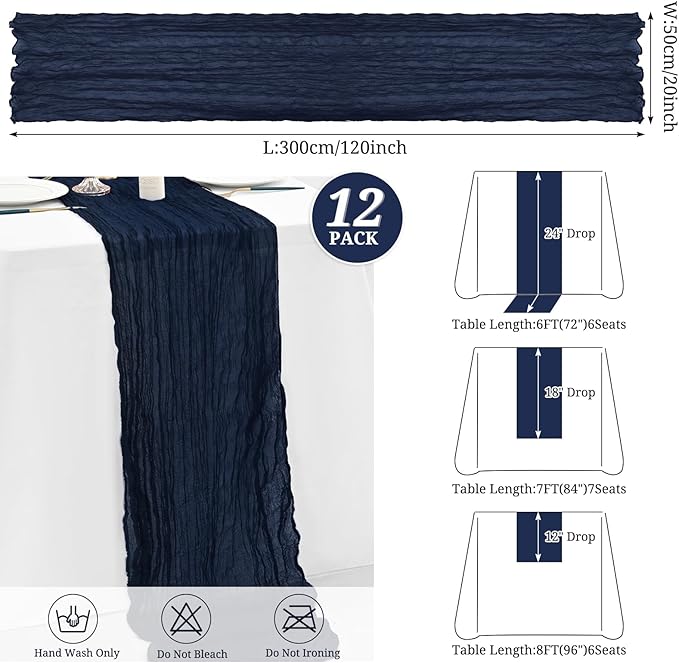 12 Pack Navy Blue Cheesecloth Table Runner,Romantic Sheer Tablerunner,10FT Gauze Boho Table Runner,Rustic Cheese Cloth Table Runners for Wedding Party Bridal Shower Table