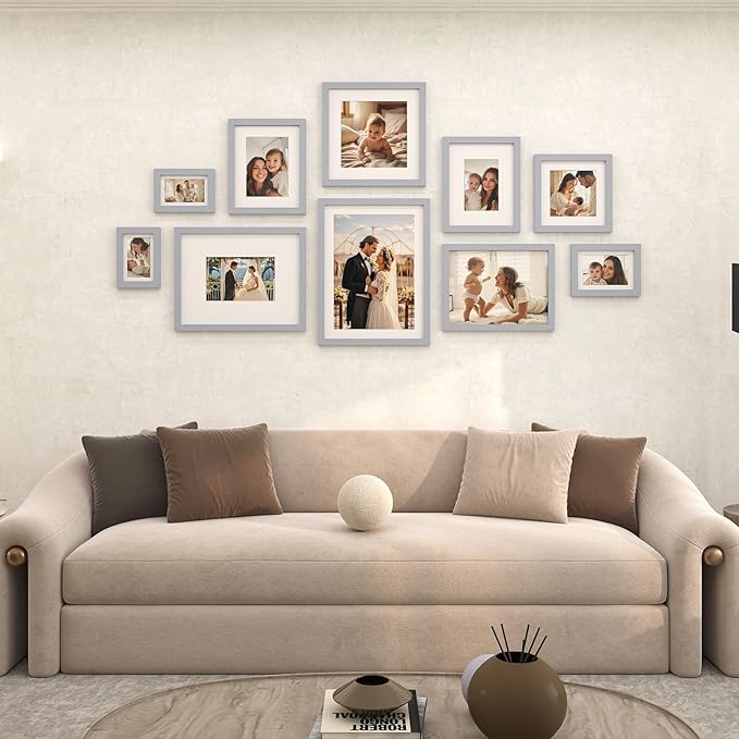 Egofine 11x11 Picture Frames 4 Pack, Display Pictures 4x4 or 8x8 with Mat or 11x11 Without Mat Made of Solid Wood Covered by Plexiglass for Table Top Display and Wall Mounting Photo Frame, Light Gray