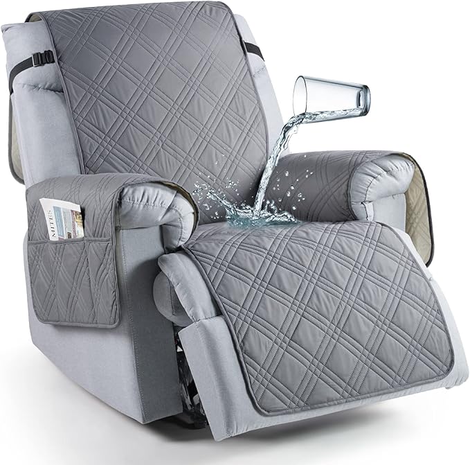 TAOCOCO 100% Waterproof Recliner Chair Cover, Small Recliner Covers for Recliner Chair with Pocket, Non Slip Reclining Chair Cover Furniture Protector for Kids, Pets(20'', Gray)