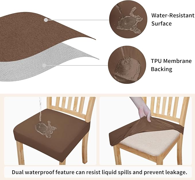 Easy-Going 100% Waterproof Seat Covers for Dining Room Chairs Set of 6, Stretch Chair Seat Slipcovers Protector Removable and Washable Kitchen Dining Chair Covers, Brown