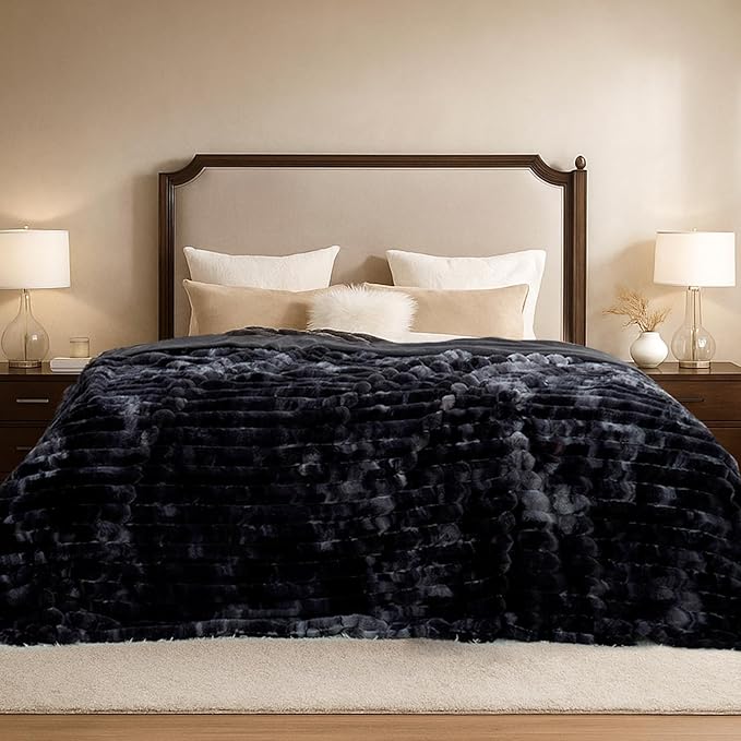 Cozy Bliss Faux Fur Throw Blanket for Couch, Cozy Warm Plush Striped Blanket for Sofa Bedroom Living Room, 108 * 90 Inches Tie-dye Black