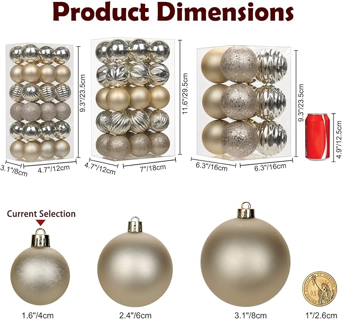 1.57" Champagne Christmas Ornaments for Christmas Tree 36 Pcs Mini Shatterproof Balls Christmas Tree Decorations Small Xmas Ornaments Ball with Hanging Loop for Wedding Holiday Party Wreath Home Decor